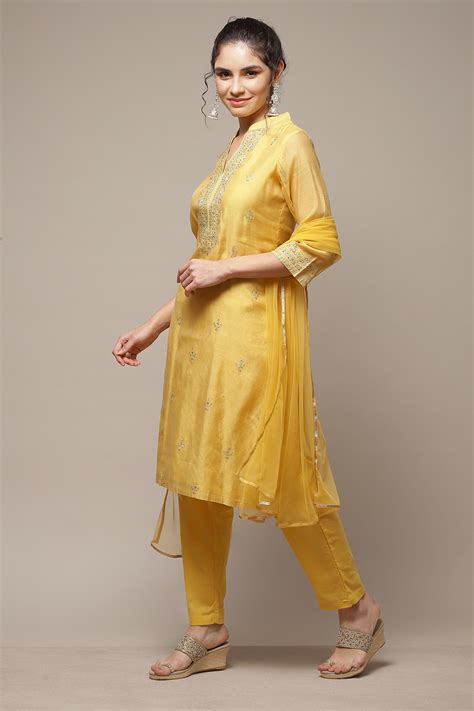 Yellow Cotton Blend Straight Kurta Suit Set at Biba India