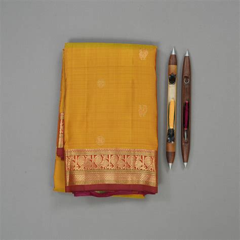 Hayagrivas Handloom Golden Yellow Kanjivaram Silk Saree with Maroon Bo ...