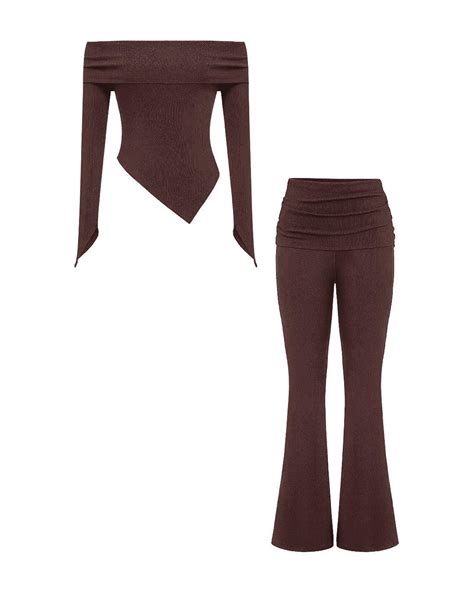 Off Shoulder Long-Sleeve Asymmetrical Top And Mid Rise Flared Pant In ...