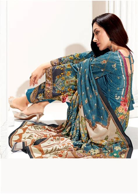 Yesfab Unstitched Teal Blue Printed Winter Velvet Suit Dress Material ...