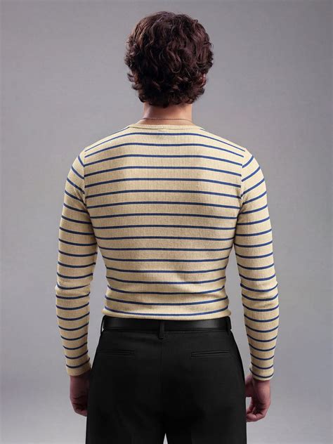 Beige And Navy Striped Ribbed Henley Tshirt | Buy Mens Tshirt | Fugazee ...