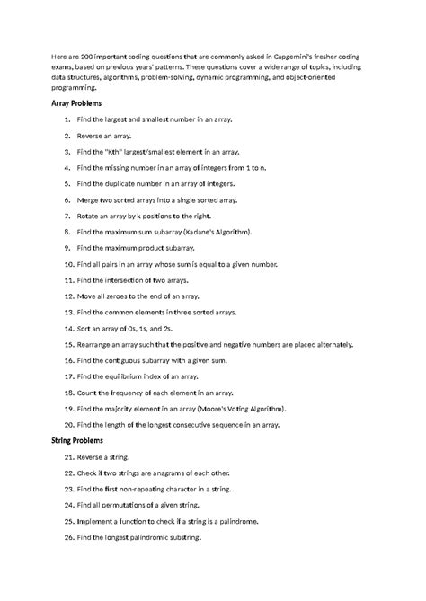 200 Essential Coding Questions for Capgemini Interviews - Studocu