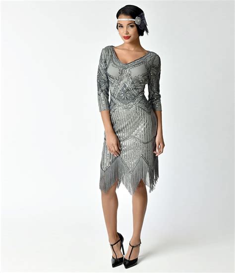 1920s Style Dresses, Flapper Dresses Unique Vintage 1920s Grey Beaded ...