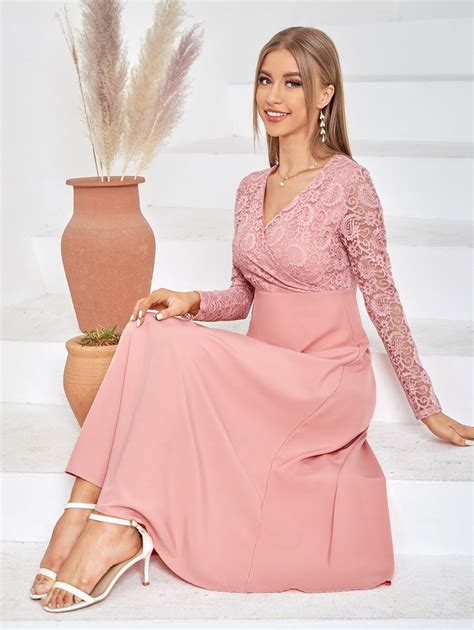 Modelyn Contrast Lace Surplice Neck A-line Dress | SHEIN USA