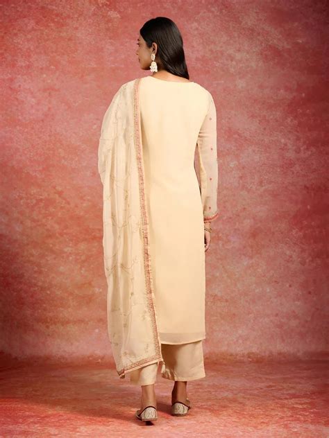 Buy Beige Embroidered Georgette Straight Suit With Dupatta Online at Rs ...