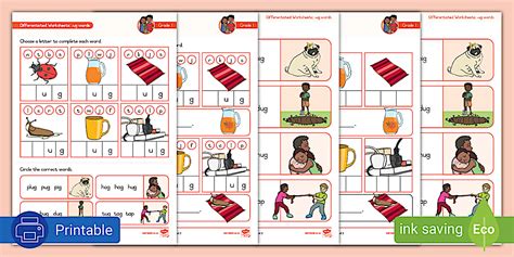 Grade 1 Phonics: -ug Differentiated Worksheets