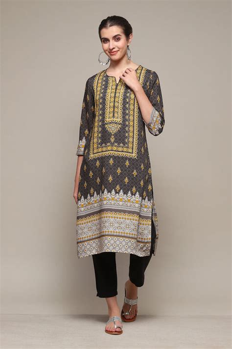 Charcoal Rayon Straight Printed Kurta