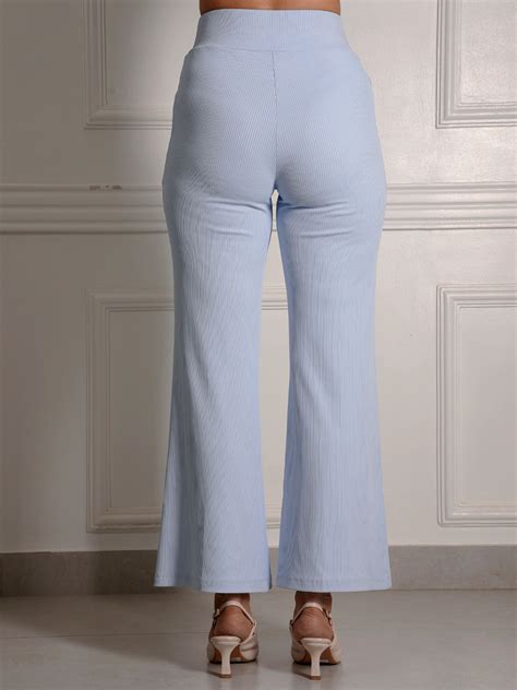 Sky Blue Ribbed High-Waist Flare Pants – Exude