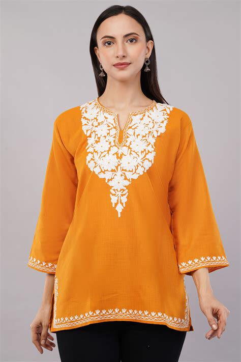 Buy Amber Flare Kashmiri Kurti – Ivory White Aari Embroidered Cotton ...