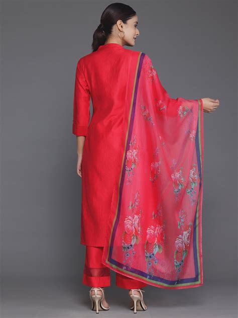Buy Red Self Design Silk Blend Straight Suit With Dupatta Online at Rs ...