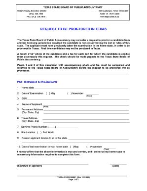 Fillable Online tsbpa state tx Request to be proctored in texas form ...