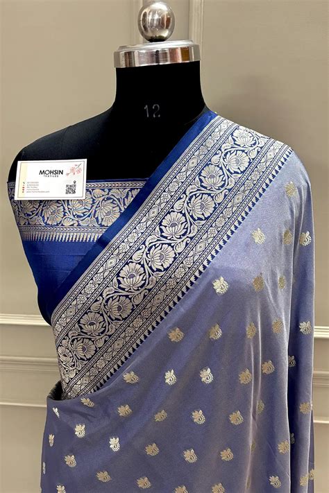 Grey and Navy Blue Ghonga Buti Katan Silk Banarasi Saree – Mohsin Textiles