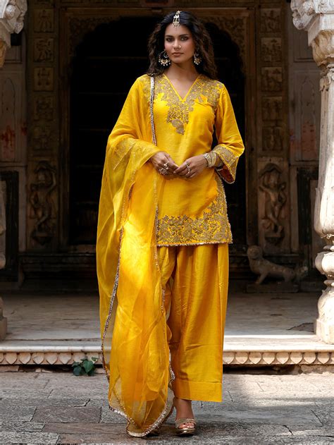 Green Dori Embroidered Raw Silk Kurta with Salwar- Set of 2