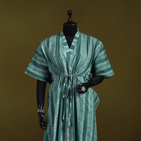 Green Hand Block Batik Print Cotton Long Kaftan