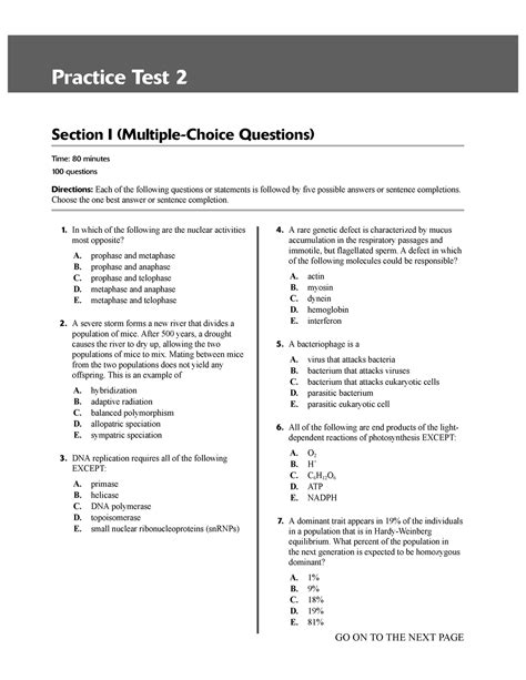Ap biology exam practice - Practice Test 2 Section I (Multiple-Choice ...