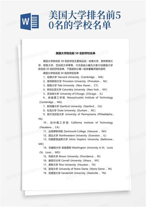 美国大学排名前50名的学校名单模板下载_排名_图客巴巴