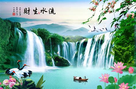 A039961-中式-山水自然风景-流水生财 - 中国壁画网-壁画_电视背景墙_沙发背景墙_壁画素材