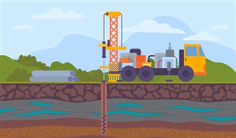 Cartoon color water well drilling landscape scene vector | Premium Vector