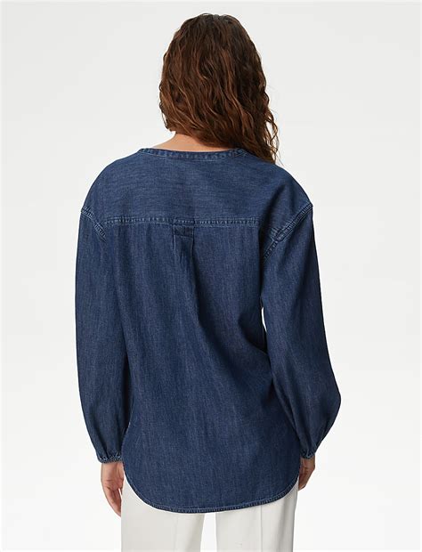 Buy Pure Cotton Denim Button Through Blouse at Marks & Spencer