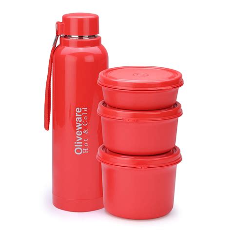 Oliveware Red Fusion Set | 3 Containers + 1 Insulated Bottle | Air ...