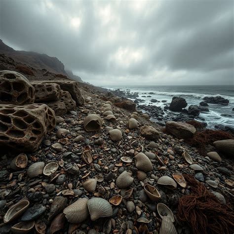 Weathered Shoreline with Gnarled Shells and Kelp i... - AI Art