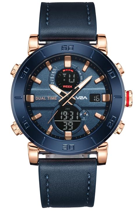 V2A Black Alloy Case and Black Genuine Leather Band Analog Digital ...