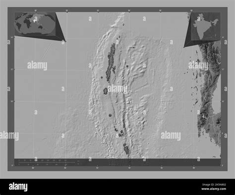 Andaman and Nicobar, union territory of India. Bilevel elevation map with lakes and rivers ...