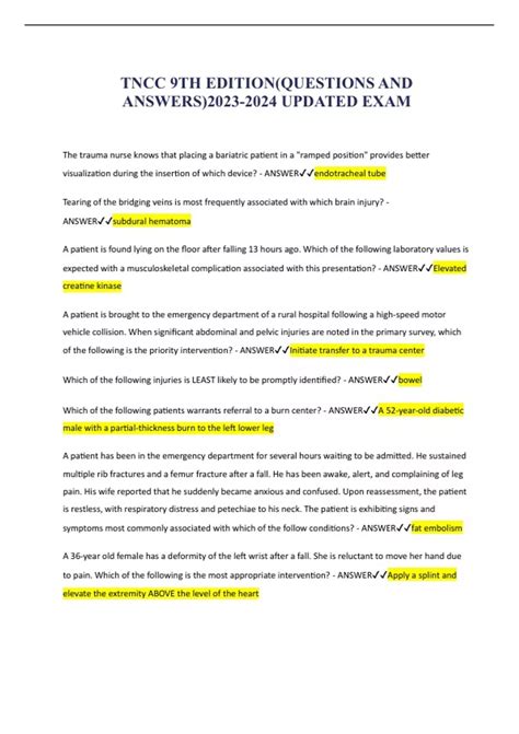 TNCC 9TH EDITION(QUESTIONS AND ANSWERS) UPDATED EXAM - TNCC 9TH - Stuvia US