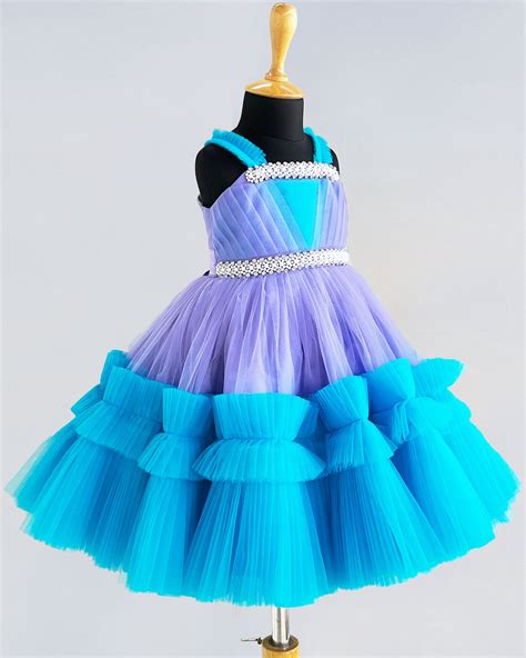Lavender & Sky blue Combo Handwork Pleated Ruffles Birthday Frock ...