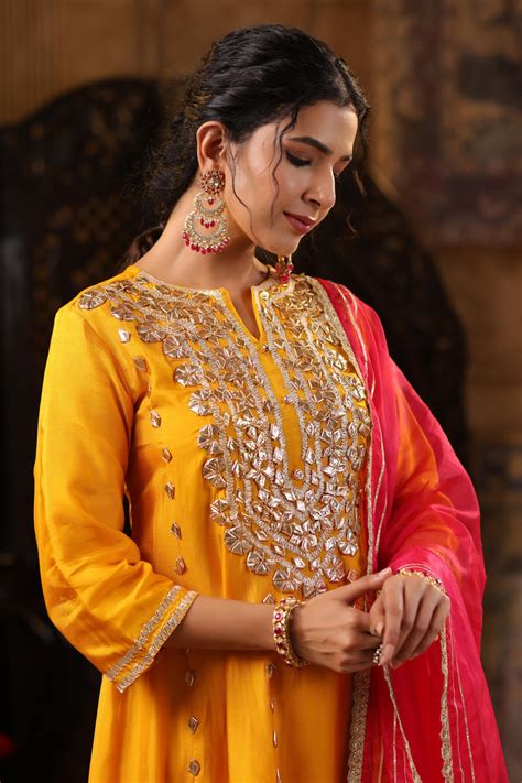 Shop Mustard-Fuchsia Dupion Silk Gota Work Anarkali Set- Elegant Ethnic ...