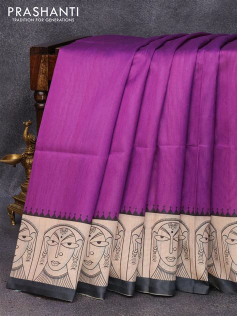 Chappa saree purple and cream with plain body and madhubani printed bo ...