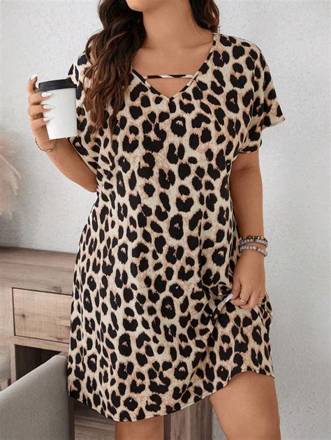 SHEIN LUNE Plus Leopard Print Cut Out Batwing Sleeve Fall Dresses Can ...