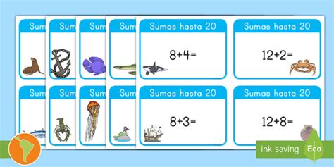 Sumas hasta 20 Bajo el mar Tarjetas educativas - Twinkl