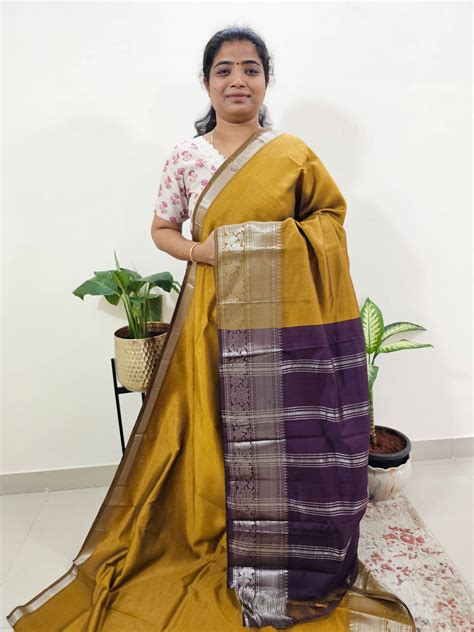Handwoven Mangalagiri Pattu Saree - Mustard Yellow with Purple – Looms ...