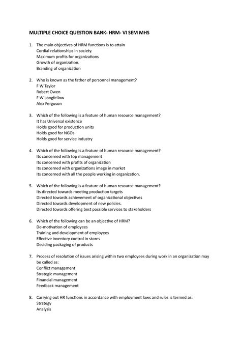 Human resources management question Bank - MULTIPLE CHOICE QUESTION ...