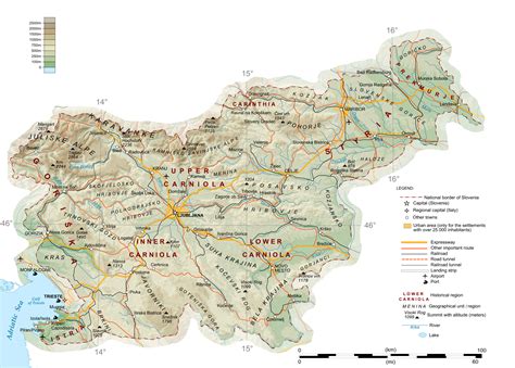 Large detailed physical map of Slovenia with roads, railroads, cities, ports and airports ...