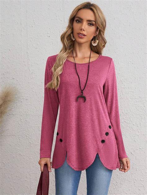 EMERY ROSE Women's Button Decor Scalloped Hem Long Sleeve Casual T ...