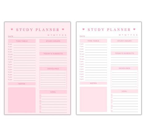 Study Schedule Planner Printable Organizer Minimal Pink Simple Everyday ...