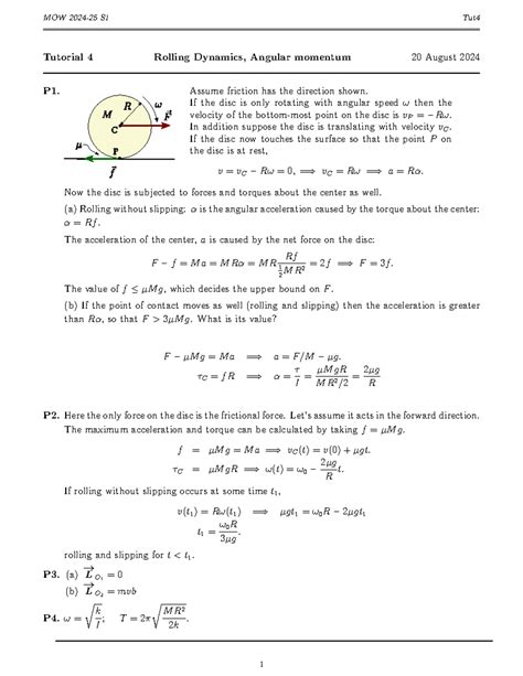 Tut4-solns - solutions - MOW 2024-25 S1 Tut Tutorial 4 Rolling Dynamics ...