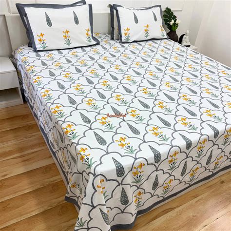 Grey Ramya Handblock Cotton Bedsheet - Buy Now | Theindiglobal