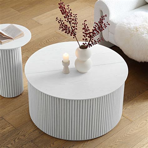 Maru Oak Round Coffee Table with Storage, Washed White | daals
