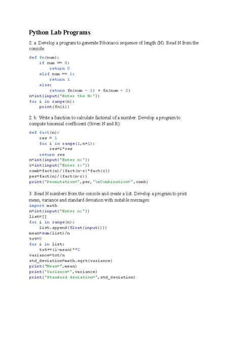 Python Lab Programs - lab manual - Python Lab Programs 2. a. Develop a ...