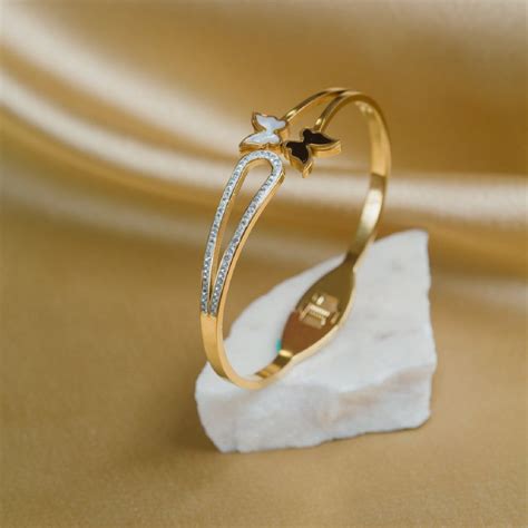 Artklim Gold Plated White And Black Butterfly Bangle Bracelet