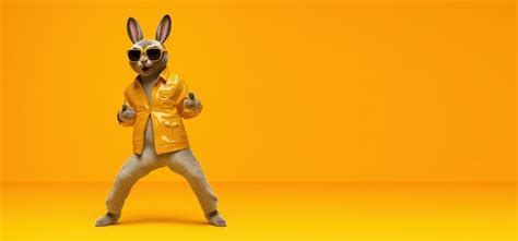 Cute rabbit with sunglasses dancing isolated on yellow background ...