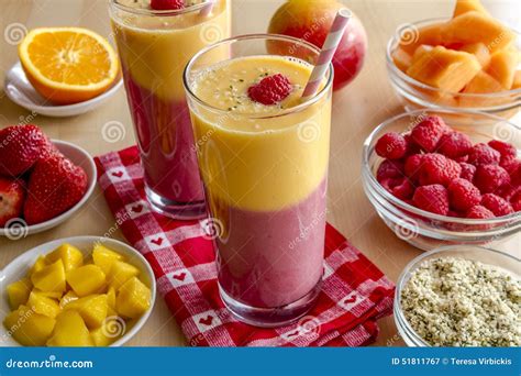 Mango Orange Raspberry Strawberry Smoothies Stock Image - Image of ...