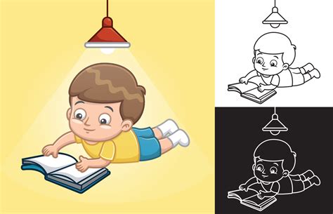 Vector cartoon of little boy lying down floor while reading book under ...
