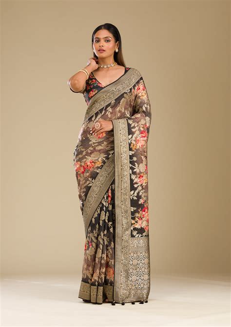 Buy Grey Zariwork Georgette Saree - Koskii