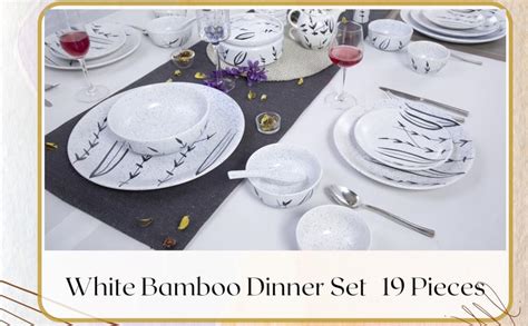 Caffeine Ceramic Handmade White Bamboo Classic Dinner Set (19 pcs ...