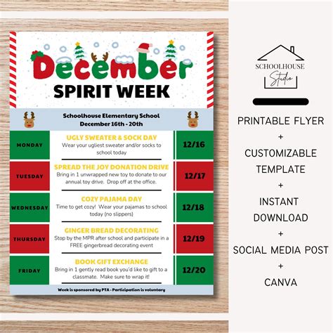 EDITABLE Christmas Holiday December Spirit Week, Calendar of Events ...
