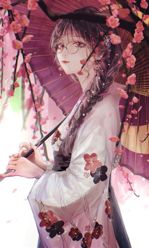Download wallpaper 480x800 girl, umbrella, sakura, kimono, glasses ...